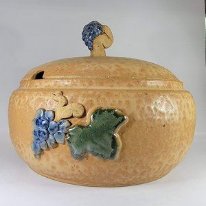 Handmade Stoneware Pot with Lid Grape and Leaf Design Ceramic Matt Glaze Signed